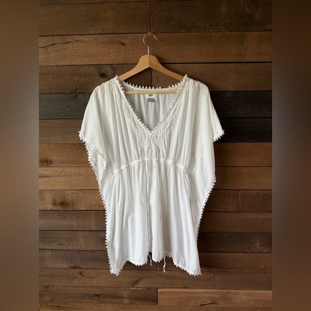 White Cotton Gauze Swim Cover Up Boho Beach Tunic Pom Trim Cottagecore